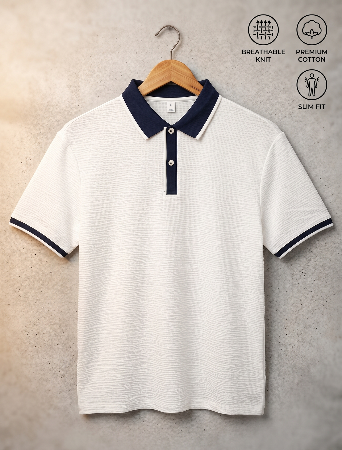 A white short-sleeve polo shirt with a navy blue collar and sleeve trim, hanging on a wooden hanger against a textured beige wall. Three feature icons are visible on the top right, and a model number and brand name 'JTNRB' are shown at the bottom.