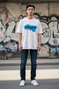 alenciaga Hand-Drawn Splash Logo Oversized T-Shirt – Premium White/Blue Streetwea