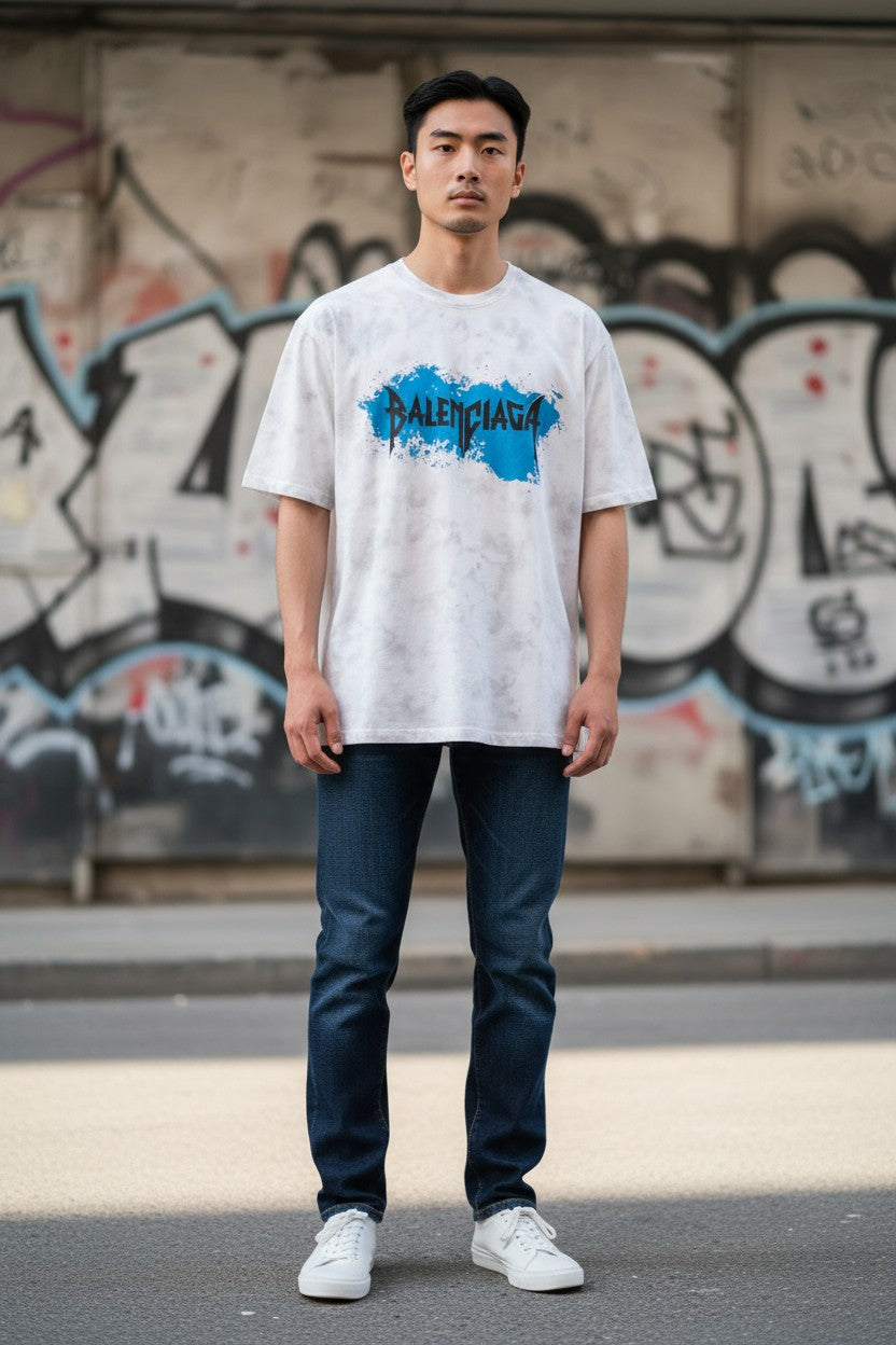 alenciaga Hand-Drawn Splash Logo Oversized T-Shirt – Premium White/Blue Streetwea